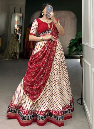 Cotton Readymade Lehenga Choli In Off White and Red