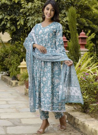 Cotton Readymade Salwar Suit In Aqua Blue