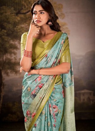 Cotton Silk Contemporary Sari In Aqua Blue