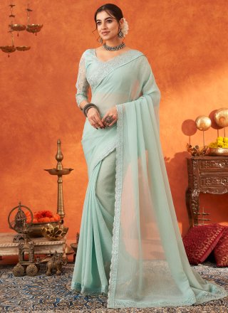 Cotton Silk Designer Sari In Aqua Blue