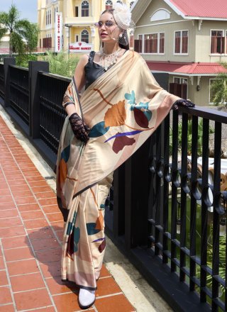 Cream Abstract Print Work Satin Trendy Saree
