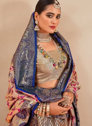 Cream and Blue Silk Traditional Saree with Weaving Work