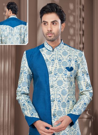 Cream and Firozi Silk Digital Print, Jacquard and Sequins Work Sherwani Mens Wear for Men
