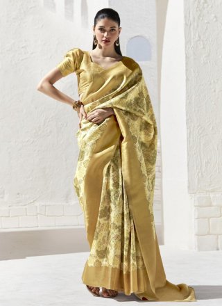 Cream and Gold Art Silk Patch Border, Digital Print and Zari Work Designer Saree for Casual