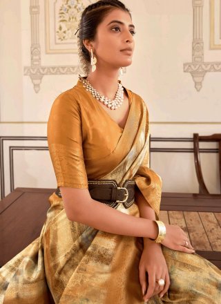Cream and Gold Nylon Fancy Work Classic Saree
