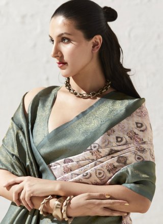 Cream and Green Art Silk Patch Border, Digital Print and Zari Work Trendy Saree for Casual