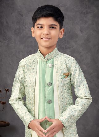 Cream and Green Banarasi Silk Indo Western Sherwani with Machine Embroidery, Sequins and Thread Work for Kid