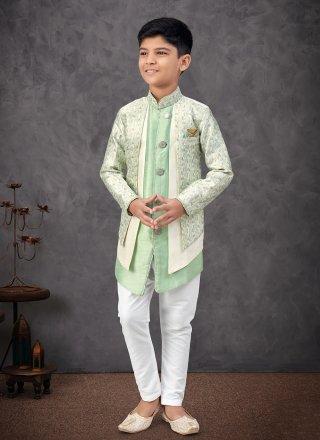 Cream and Green Banarasi Silk Indo Western Sherwani with Machine Embroidery, Sequins and Thread Work for Kid
