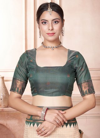 Cream and Green Kanjivaram Silk Woven Work Classic Saree