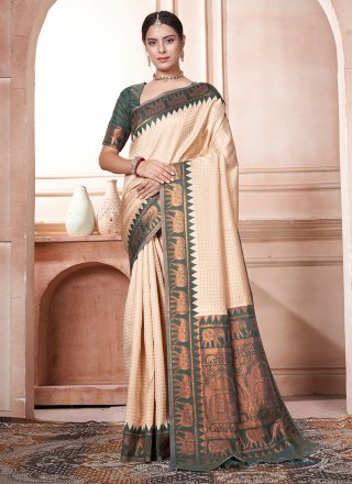 Cream and Green Kanjivaram Silk Woven Work Classic Saree