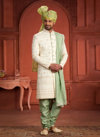 Cream and Green Pure Silk Sherwani Mens Wear