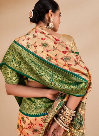 Cream and Green Silk Weaving Work Contemporary Saree for Ceremonial