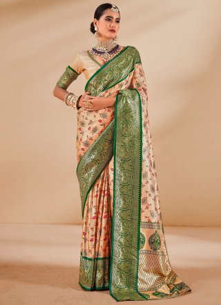 Cream and Green Silk Weaving Work Contemporary Saree for Ceremonial