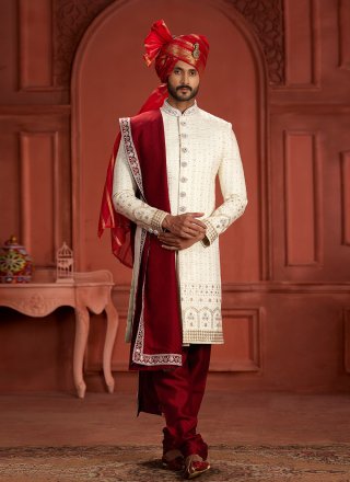 Cream and Maroon Pure Silk Embroidered, Hand and Sequins Work Sherwani Mens Wear