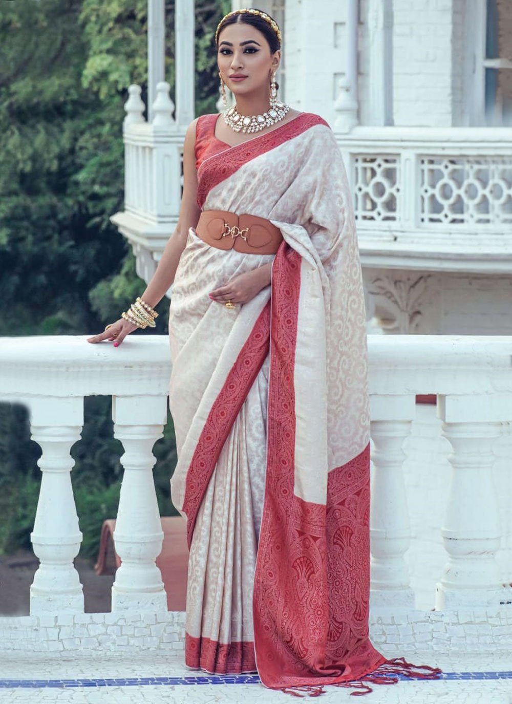Off White Linen Saree with Maroon Blouse