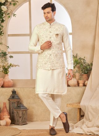 Cream and Multi Colour Art Silk Embroidered Work Kurta Payjama with Jacket for Ceremonial