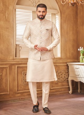 Cream and Multi Colour Brocade Kurta Payjama with Jacket with Jacquard Work