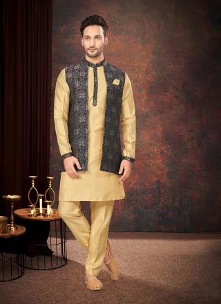 Cream and Multi Colour Jacquard Kurta Payjama with Jacket with Fancy Work for Men
