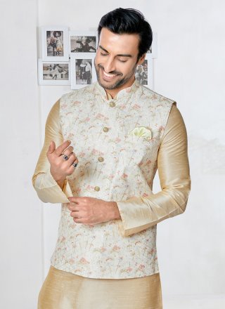 Cream and Multi Colour Polyester Embroidered Work Nehru Jackets