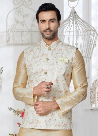 Cream and Multi Colour Polyester Embroidered Work Nehru Jackets
