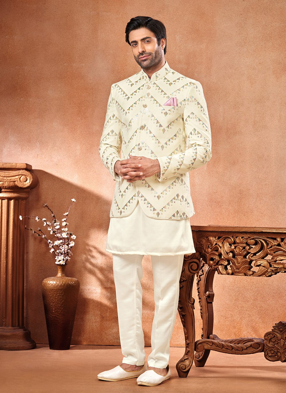 Mandarin Collar Nehru Cream Color Fancy Fabric Jodhpuri Suits - Zakarto