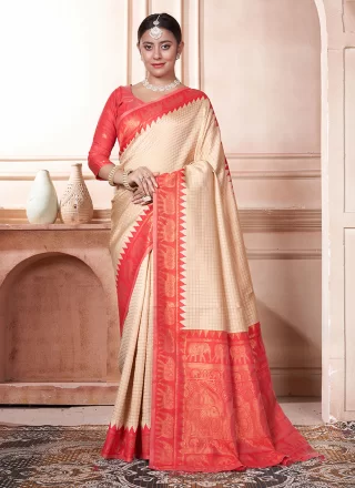 Cream and Orange Kanjivaram Silk Woven Work Contemporary Saree for Ceremonial
