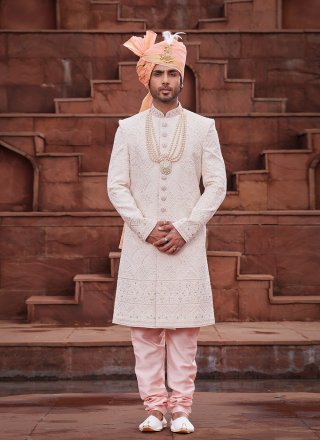 Cream and Peach Art Silk Sherwani Mens Wear with Embroidered, Hand and Thread Work for Men