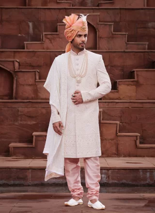 Cream and Peach Art Silk Sherwani Mens Wear with Embroidered, Hand and Thread Work for Men
