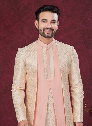Cream and Peach Imported Sherwani Mens Wear with Machine Embroidery, Thread and Zari Work for Men