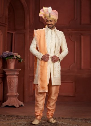 Cream and Peach Silk Sherwani Mens Wear with Embroidered, Hand and Sequins Work