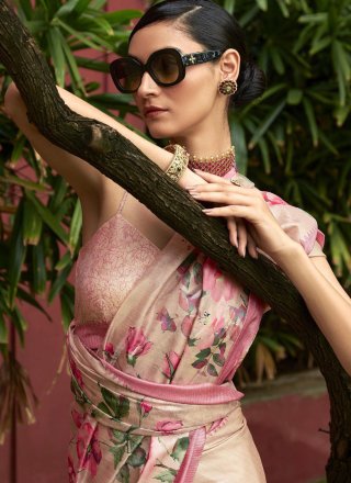 Cream and Pink Art Silk Digital Print Work Classic Sari