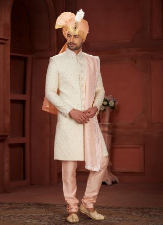 Cream and Pink Embroidered, Hand and Sequins Work Pure Silk Sherwani Mens Wear