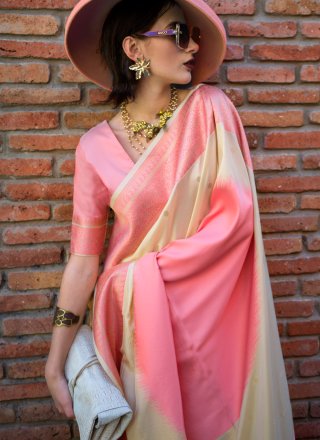 Cream and Pink Handloom Silk Classic Saree with Weaving Work