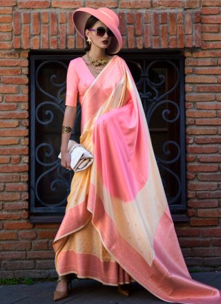 Cream and Pink Handloom Silk Classic Saree with Weaving Work
