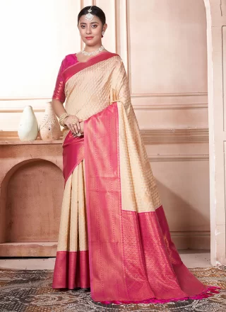 Cream and Pink Kanjivaram Silk Woven Work Classic Saree for Women