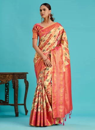 Cream and Pink Kanjivaram Silk Woven Work Trendy Saree for Women