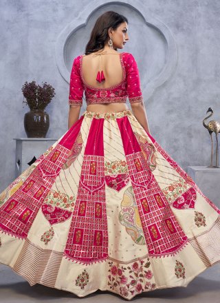 Cream and Pink Net A - Line Lehenga Choli with Embroidered and Stone Work