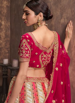 Cream and Pink Silk A - Line Lehenga Choli with Beads, Cut and Embroidered Work