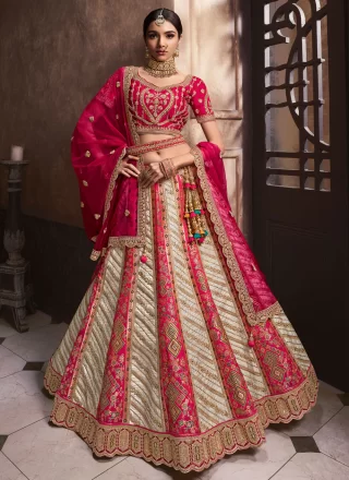 Cream and Pink Silk A - Line Lehenga Choli with Beads, Cut and Embroidered Work