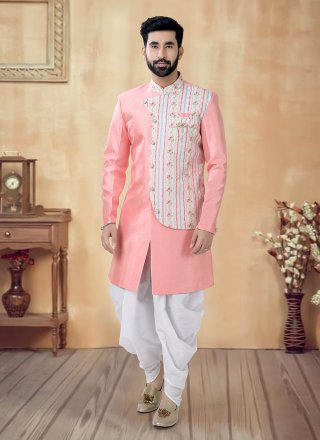 Cream and Pink Silk Sherwani Mens Wear