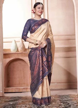 Cream and Purple Kanjivaram Silk Classic Sari with Woven Work