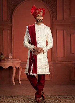 Cream and Rani Pure Silk Sherwani Mens Wear with Embroidered, Hand and Sequins Work for Men
