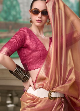 Cream and Rani Tissue Classic Sari with Weaving Work