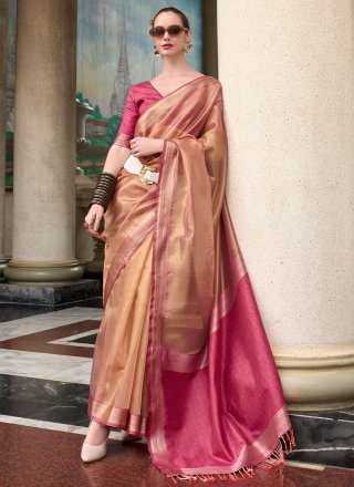 Cream and Rani Tissue Classic Sari with Weaving Work