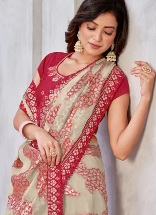 Cream and Red Georgette Classic Sari with Patch Border, Embroidered and Mirror Work