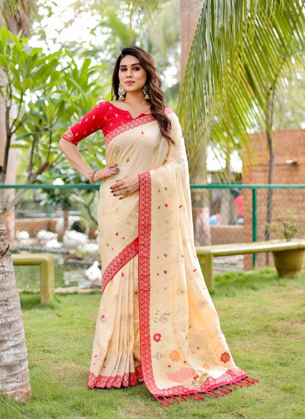 Captivating Cream South Silk Designer Festive Saree – TrendOye