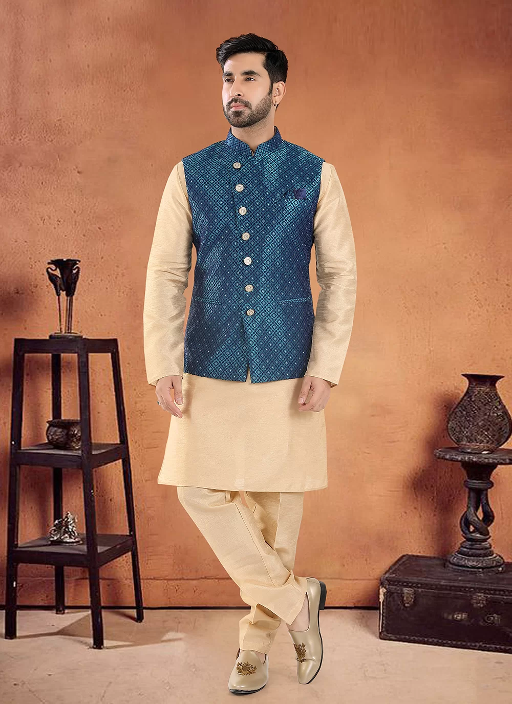 Stitching Kurti Ke Sath Jacket Cream And Teal Silk Kurta Payjama