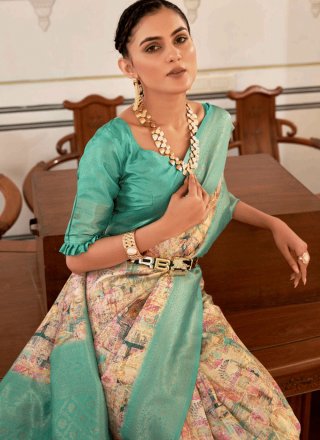 Cream and Turquoise Nylon Fancy Work Classic Sari for Festival
