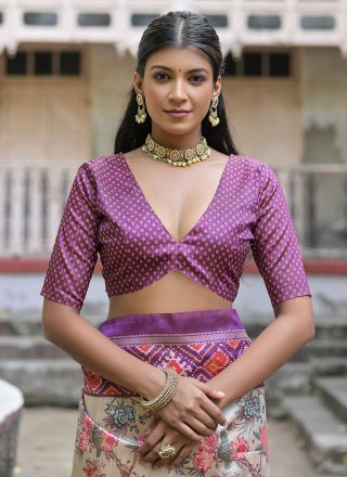 Cream and Wine Tussar Silk Classic Sari with Print, Woven and Zari Work for Women