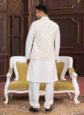 Cream and Yellow Art Silk Digital Print Work Kurta Payjama with Jacket